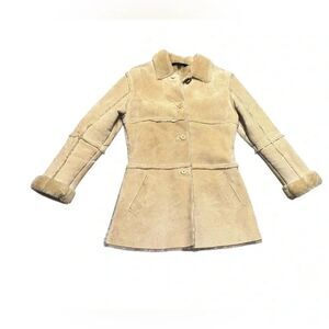 Women’s EXPRESS tan suede leather Faux fur trim winter button up coat sz medium